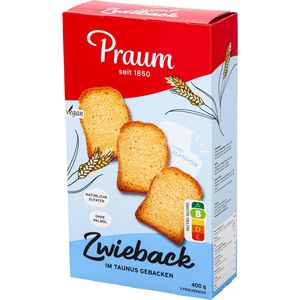 Praum Zwieback Klassisch, laktosefrei, vegan, 400 g, je 13 Scheiben à 10 g, 3 Pack