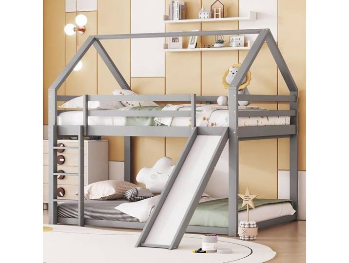 Lit cabane Enfants 140x200cm lit superposé Enfant 140x200 antichute lit Mezzanine 2 places140x200 avec Barriere Gris