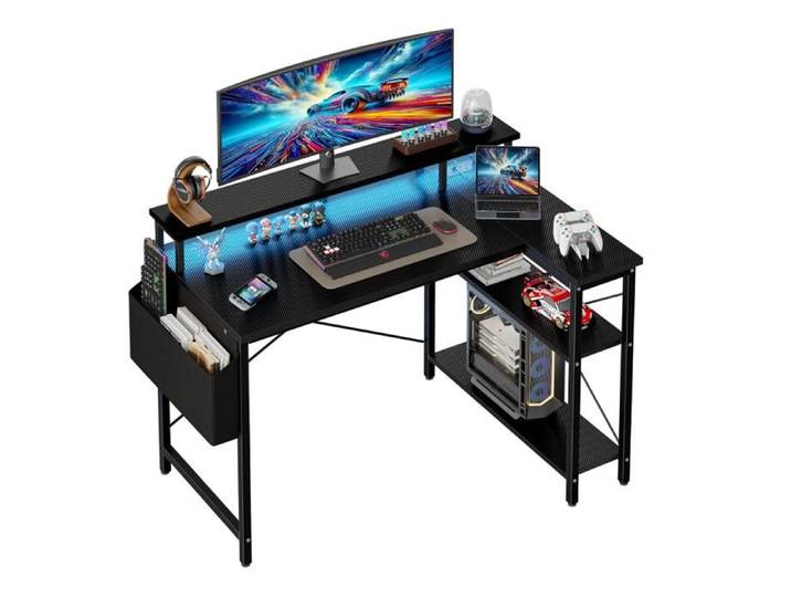 Bureau Gaming Réversible 100x70cm Bureau d'angle en L avec Port de Charge USB et Prise de Courant Table Ordinateur avec Support