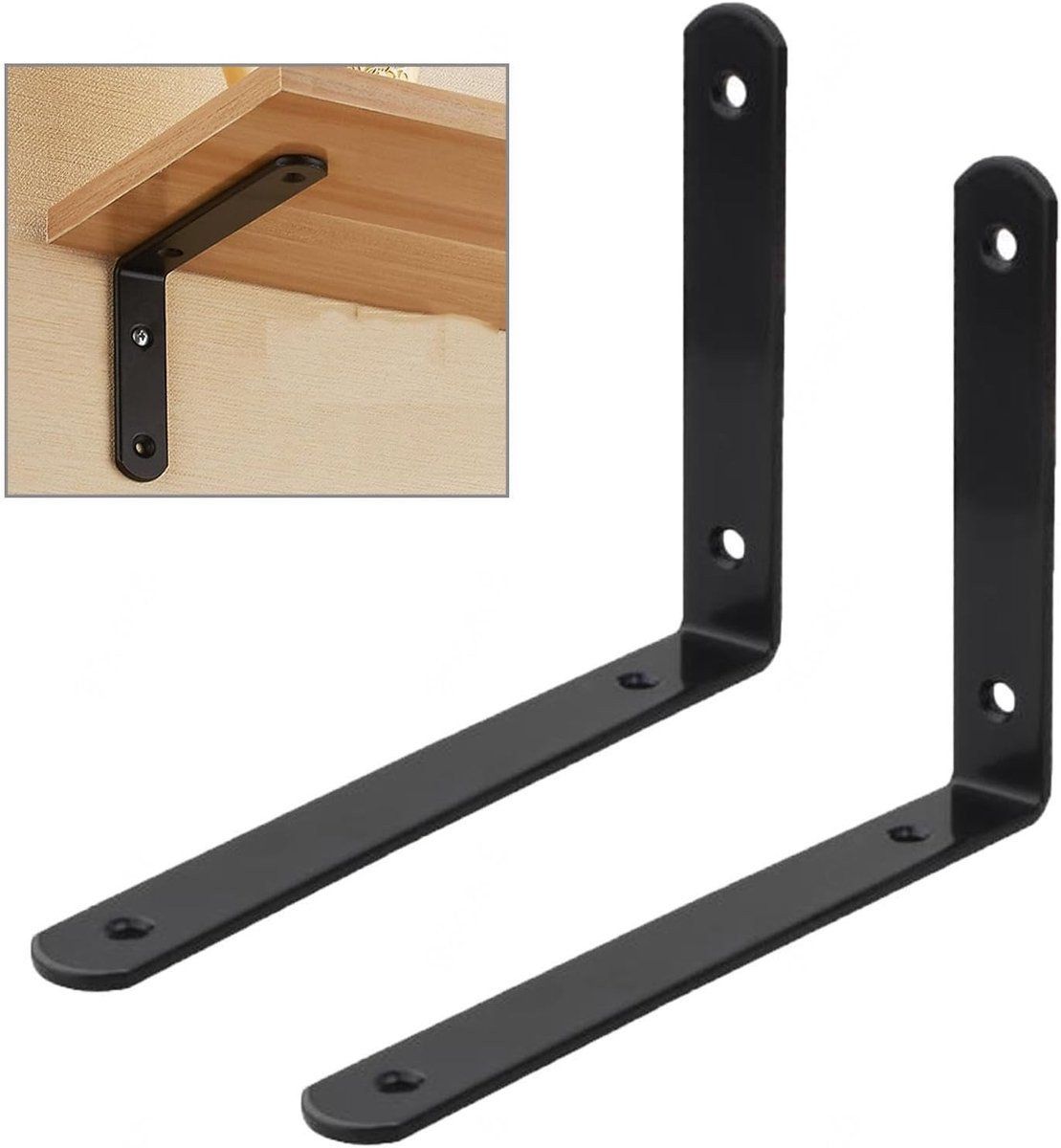 Zwarte L-vormige planksteunen en wandbeugels voor DIY opslag, 25 x 15 cm