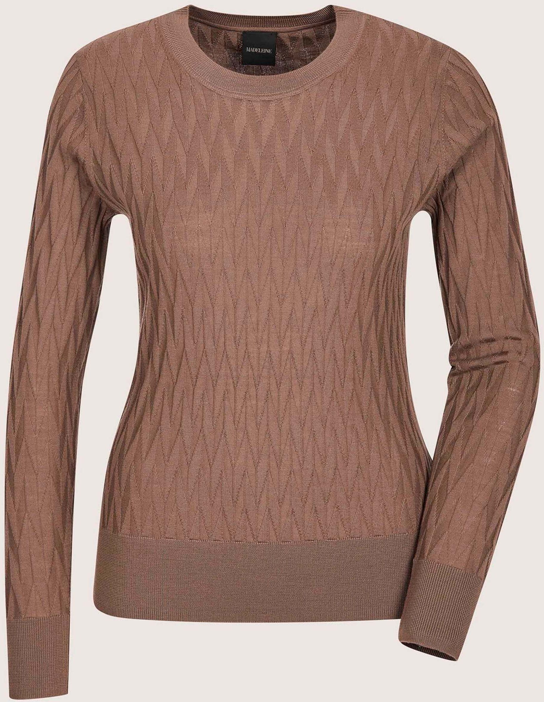 Longpullover MADELEINE "Feinstrickpullover Wollpullover mit grafischem Muster", Damen, Gr. 40/42, beige (mandel), Obermaterial: 100% Schurwolle WV., Modern, Pullover Longpullover, Struktur-Strickmuster