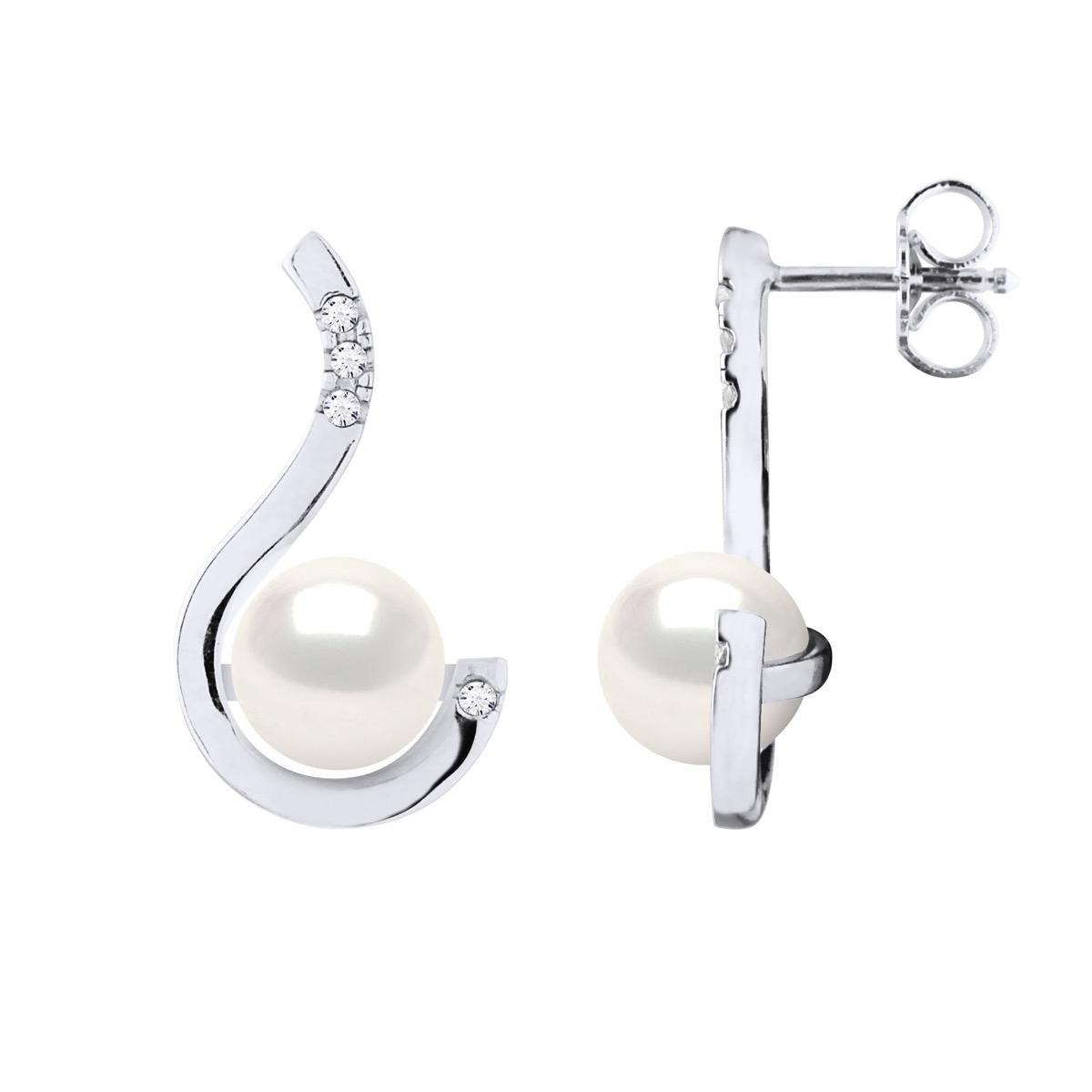 Oorbellen Prestige - Diamanten 0,08 ct - Kwaliteit HSI - Witgoud - Echte Gecultiveerde Zoetwaterparels Rond 7-8 mm