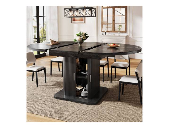 Ulife Esstisch 110*110*75cm, Schiebetüren & herausnehmbarem Einlegeboden (2-St), mit Stauraum 110–149,8cm, Schwarz