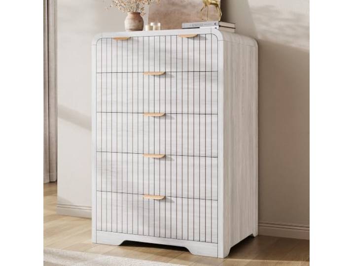 Weiß Kommode mit 6 Schubladen, Moderne Holz kommode für Das Schlafzimmer Aufbewahrungsschrank mit Tiefen Schubladen, für Wohnzimmer und Flur, Kommode mit Geschwungenem Profil und Kannelierte Front
