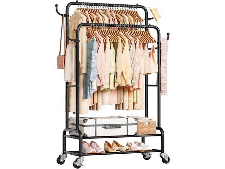Portant à vêtements sur roulettes Robuste: Porte-manteau en Métal charge lourde tringles - 2 couches compartiments Noir 76 cm