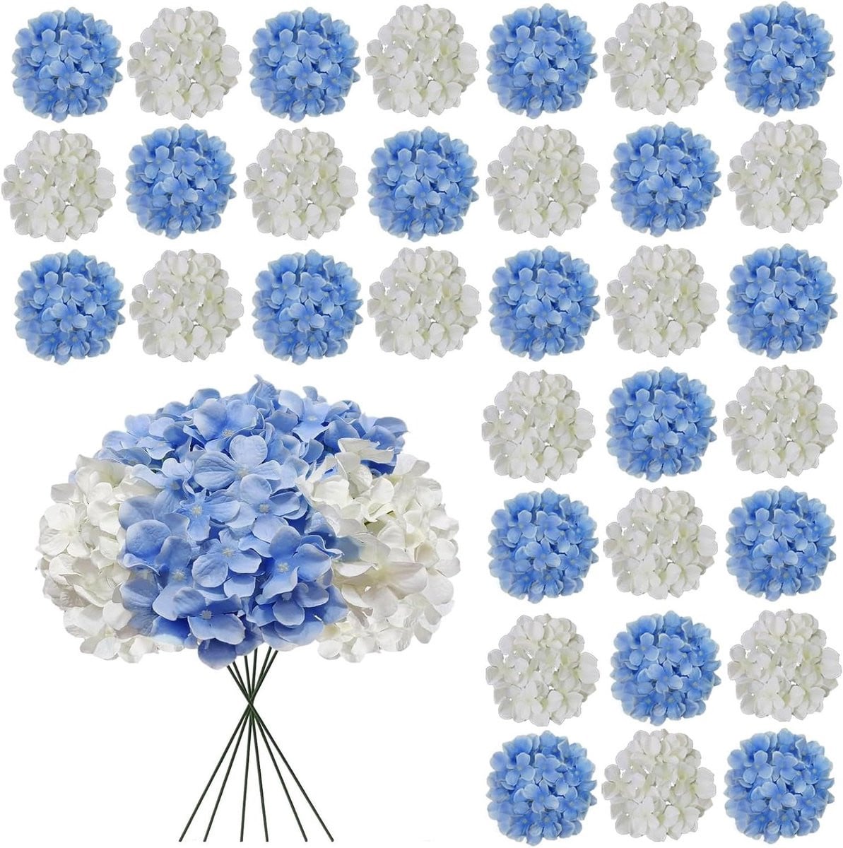 Set van 30 realistische kunsthortensia bloemen voor decoratie in wit en blauw