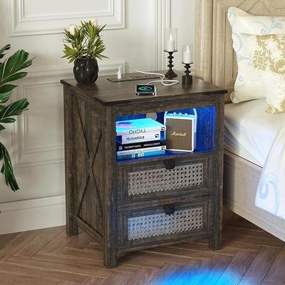 No Nightstand with LED Night Stand with Rattan Drawers