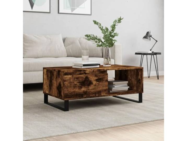 HEFZGDB Couchtisch Räuchereiche 90x50x36,5 cm Holzwerkstoff mit Schublade und Fach für Stauraum, Robuste Tischplatte und Metallbeine, Langlebiges Wohnzimmermöbel, Moderner