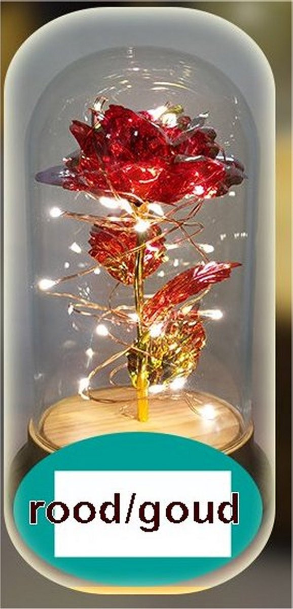 Vdtoys LED Eternal Rose onder stolp - Rood/Goud - Hoogte: 18,5 cm, Diameter: 11 cm