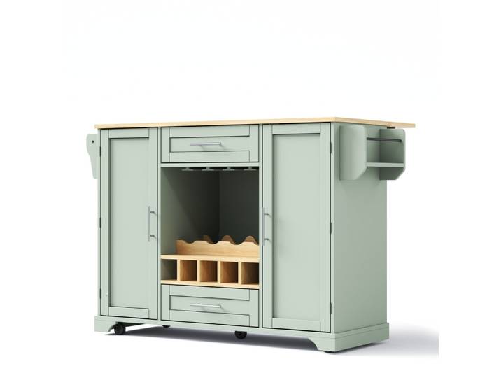 Chariot îlot de cuisine vert pastel extensible, range-bouteilles