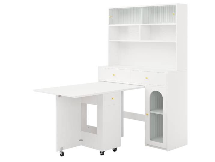 Ensemble Armoire De Cuisine Avec Table Pliante À Roulettes Et Bar\, Blanc\, Pour Cuisine Et Salon