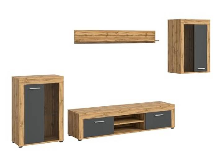 xonox.home Wohnzimmer Jam 4tlg. Set Wohnkombination Wohnwand Wohnzimmermöbel Wohnzimmerschrank Möbelkombination Wohnzimmerset in Front grau Nb. Korpus/Absetzung Wotan Eiche Nb.