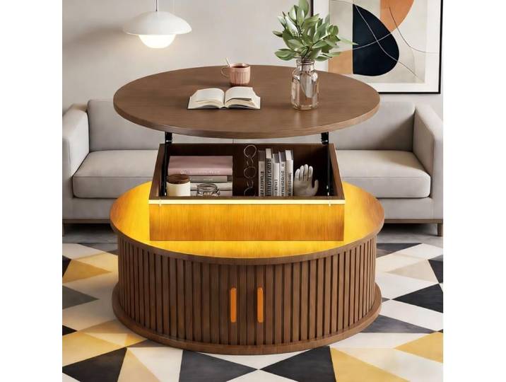 Table basse relevable ronde AESVAR 75 cm avec LED rangement caché MDF couleur noyer