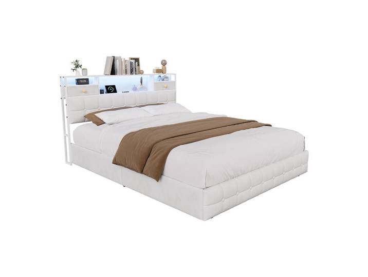Shopentra Polsterbett 160x200 beige Led, Beige, Holz, Schlafzimmer, Betten, Polsterbetten