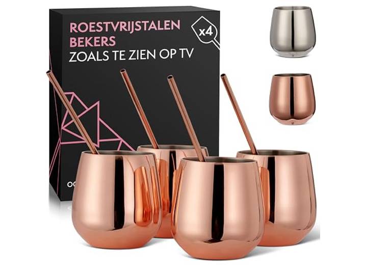 Oak & Steel - 4 Roestvrijstalen Roségouden Wijnglazen zonder Steel, 4 Metalen Rietjes & Schoonmaakborstel, 350 ml - Dubbelwandig, Stevig & Onbreekbaar - Geschenkset voor Kerst