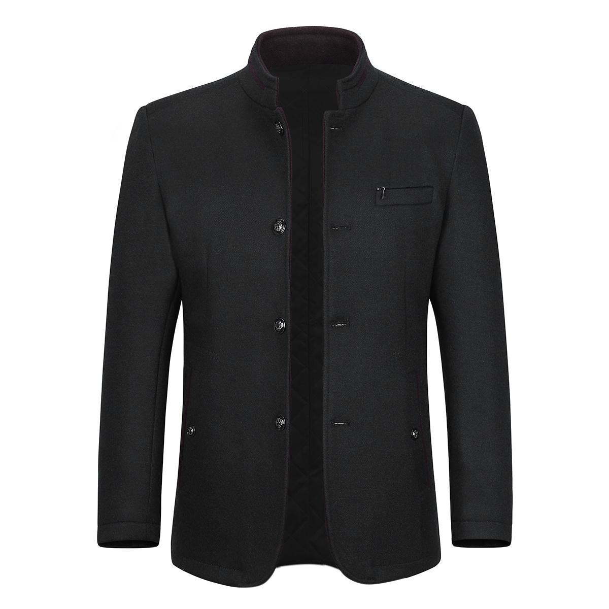 Herren Kurzmantel Slim Fit mit Stehkragen Business Casual Wollmantel Schwarz