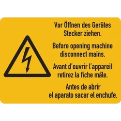 Warnschild, Vor Öffnen des Gerätes Stecker ziehen (4-sprachig), Folie - 52x37 mm Folie selbstklebend