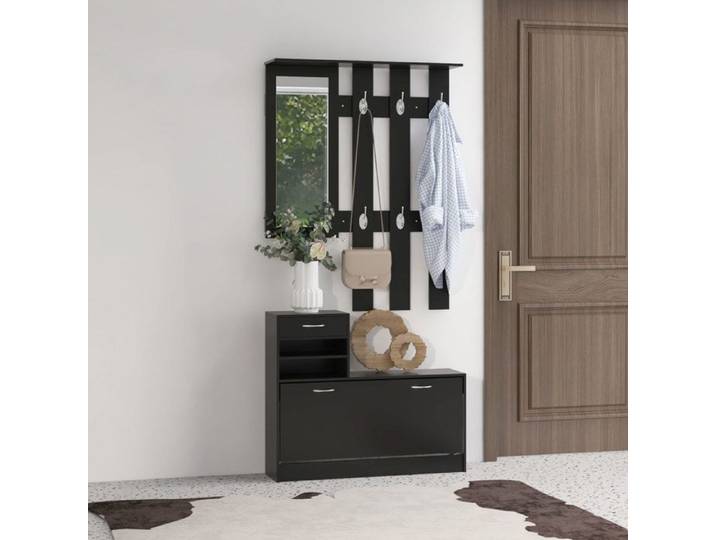 Meuble d'entrée porte-manteau avec range-chaussures et miroir panneaux de particules 90x10x102 cm noir