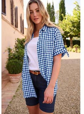 Plus Size Women's French Check Shirt by Roaman's in Rich Blue Check (Size 22 W)