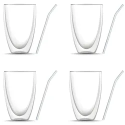 BEM 8-er Gläser Set: 4 x Doppelwandige Matcha Latte Macchiato Frappe Kaffeegläser, für heiße und kalte Getränke (je 440 ml) und 4 x Glasstrohhalme