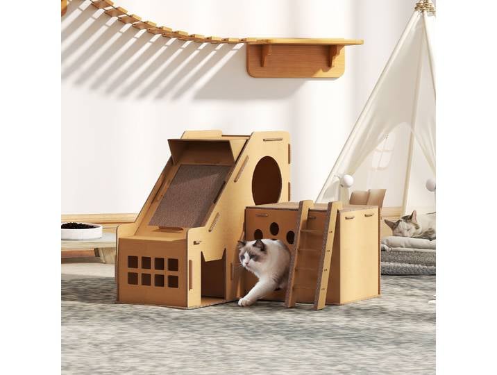 PawHut Griffoir Château 2-en-1 avec Herbe à Chat Marron