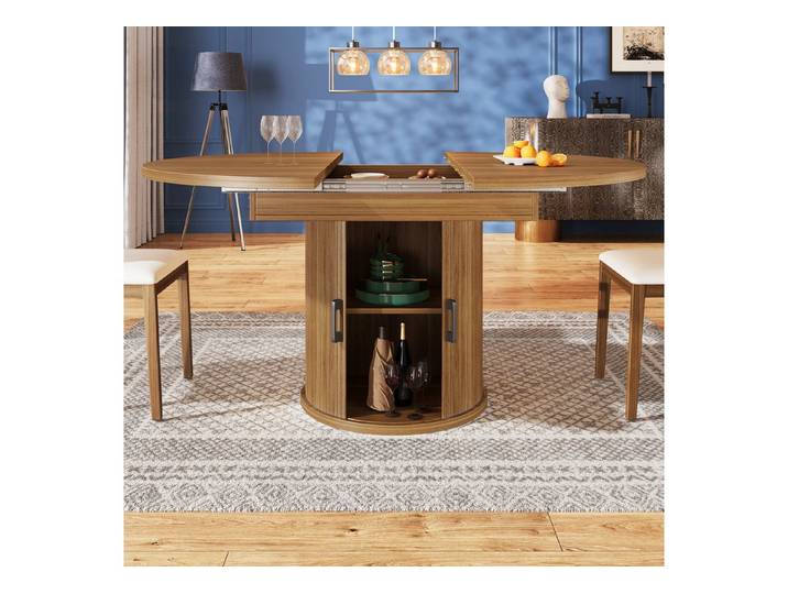 OKWISH Esstisch Runder Tisch,Moderne Esstisch,Teleskoptisch (Esstisch Walnuss/Schwarz – Rund bis Oval 118-158 cm, 1-St)