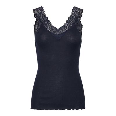 Spitzentop ROSEMUNDE "Bernardine Organic Cotton Top", Damen, Gr. L, schwarz (navy), Obermaterial: 100% Baumwolle, figurbetont hüftbedeckend, V-Ausschnitt, Tops Spitzentop, Vintage-Spitzenbesatz am V-Ausschnitt, breite Träger, feminin