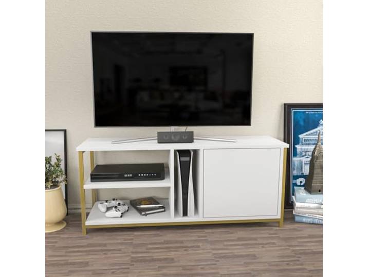Hanah Home Glamorous TV Stand, Gold & White, 120 x 35.3 x 50.8 cm 100% Melamine Coated Particle Board, 18 mm Thick Stylish & Functional for Modern Living Rooms