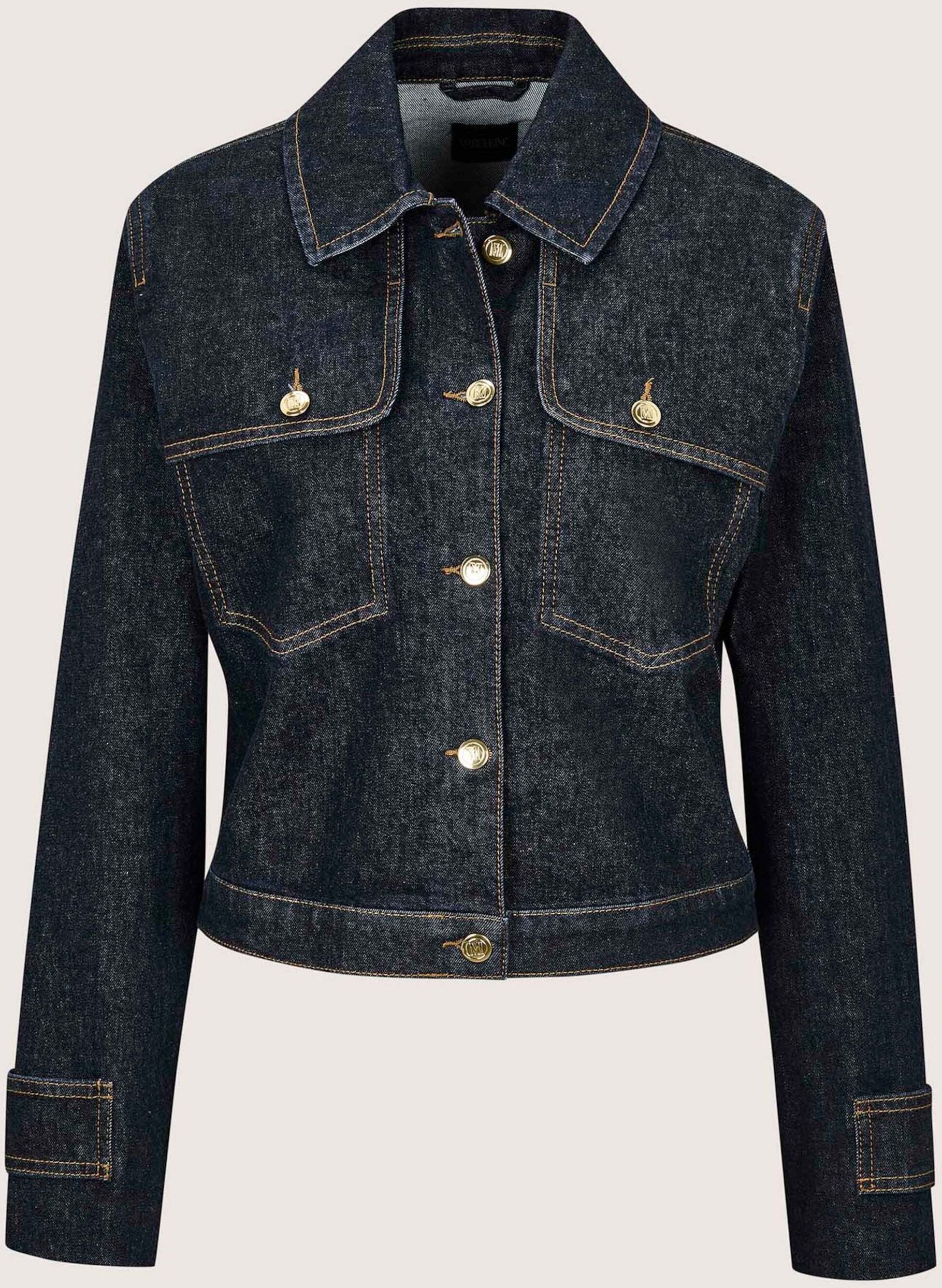 Jeansjacke MADELEINE "Jacke Kurze Jeansjacke mit Hemdkragen", Damen, Gr. 36, dunkelblau, Modern, regular fit, V-Ausschnitt, Jacken Jeansjacke