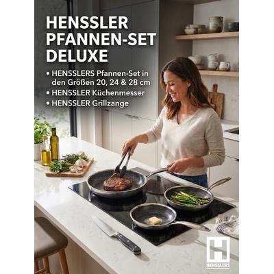 Pfannen-Set HENSSLERS "Premium (20, 24 & 28 cm) Deluxe, 5tlg. Inkl. Grillzange & Küchenmesser", schwarz (silberfarben), B:29,5cm H:5,3cm L:50cm Ø:28cm, Pfannen
