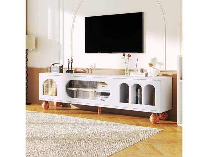 Meuble TV avec porte en rotin Porte coulissante en verre