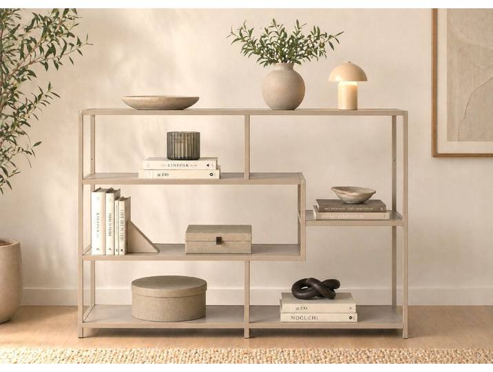 Bücherregal ACTONA GROUP Seaford - Mehrzweckregal & Raumteiler, modern, Metall , beige (grau), B:114cm H:78cm T:35cm, Stahl, Regale, Bücherregal, Asymmetrisch, stabil & viel Stauraum, zeitloses Design, 6 Regalböden