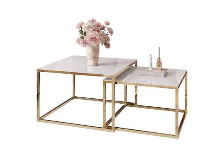 Lookway Couchtisch 2in1 Yoshi Glass – Set aus 2 Beistelltischen mit Glasplatte, Gestell in Gold Chrom, ideal für Wohnzimmer, moderner/Glamour Stil (Weißes Glass)