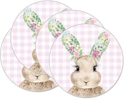 CounterArt Bunny Floral 4 Pack Round Reversible Easy Care Flexible Plastic Placemats Made in The USA Reversible Flexible Easily Wipes Clean