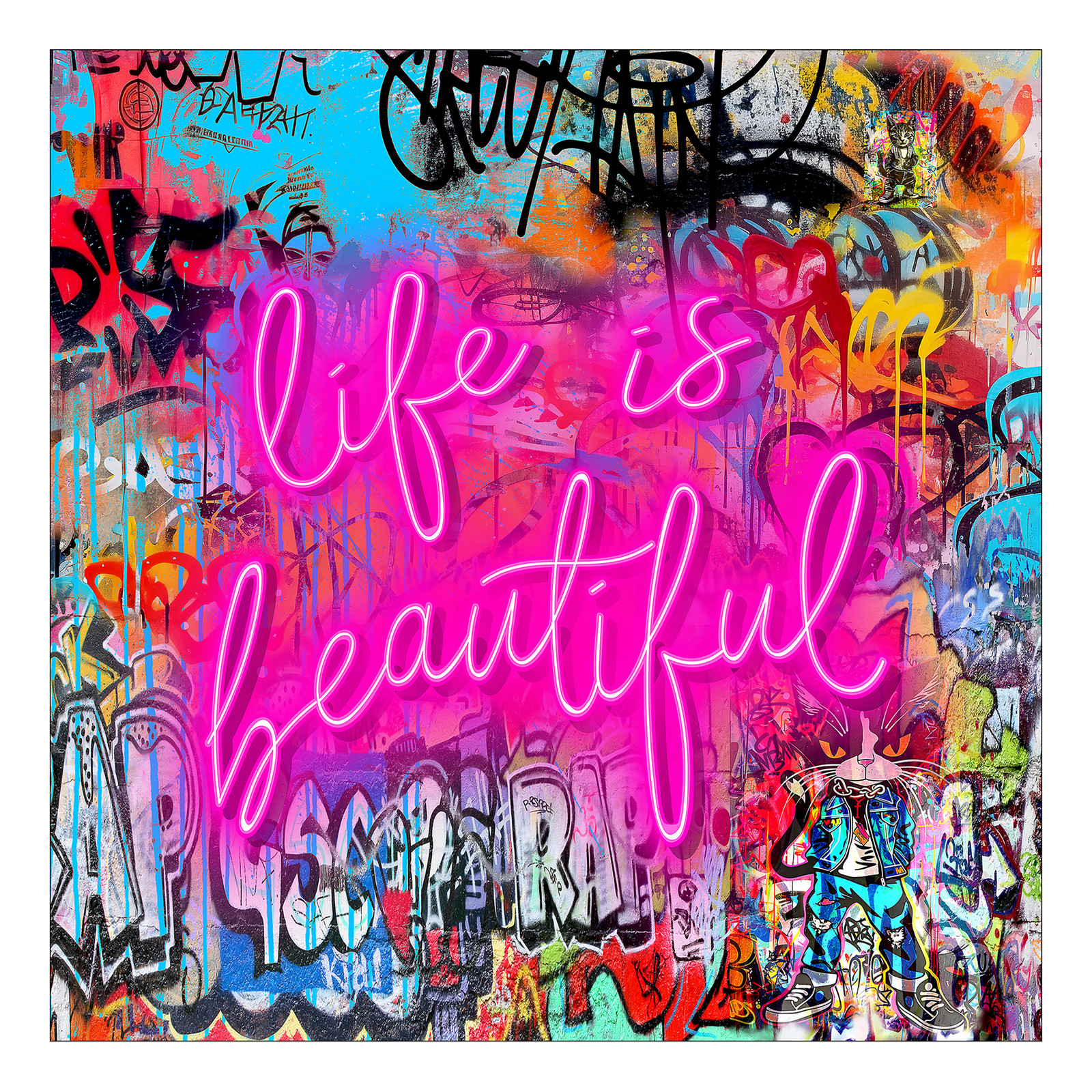 home24 Beautiful Life Glazen Afbeelding Blauw/Grijs/Roze 30 x 30 x 1 cm