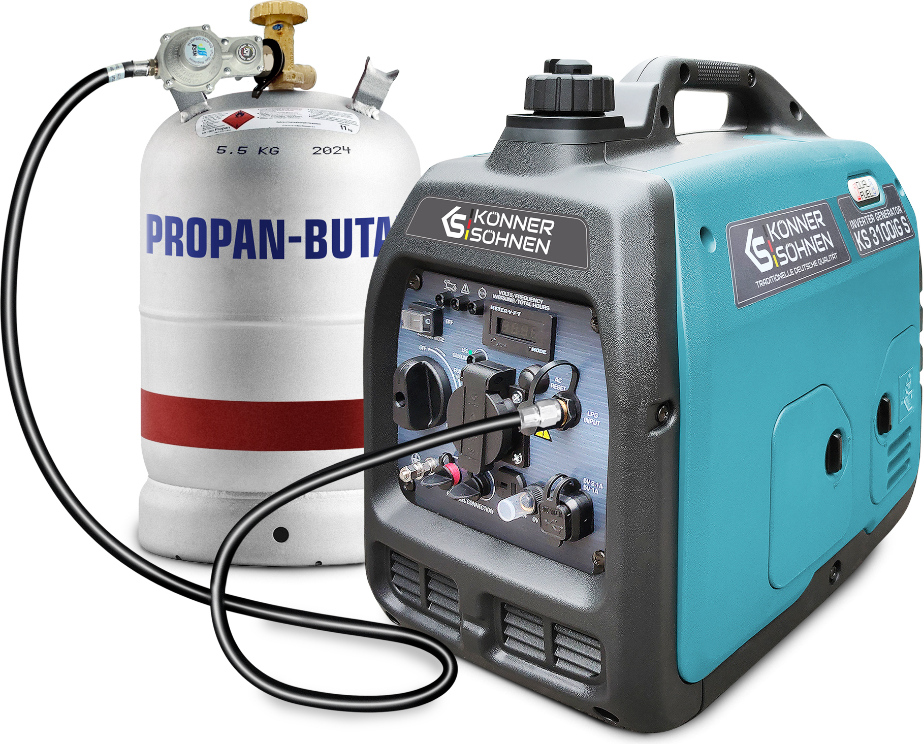 LPG/Benzin-Inverter-Generator KS 3100iG S von Könner & Söhnen. Schallgedämmtes Gehäuse (63 dB Lpa 7 m). Höchstleistung 3100 W*, Schuko-Steckdose 230 V, 2 USB-Anschlüsse, LED-Anzeige, ECO-Modus, Kupferwicklungen, Kurzschluss- und Überlastschutz, Abgasnorm EURO V
