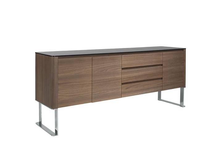 Buffet effet bois noyer et plateau en verre noir