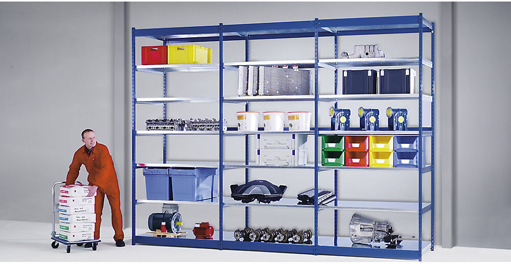 Stabil-Steckregal, doppelseitig, Regalhöhe 2500 mm, blau/verzinkt, Bodenbreite 1325 mm, Anbauregal, Breite x Tiefe 1325 x 800 mm hofe