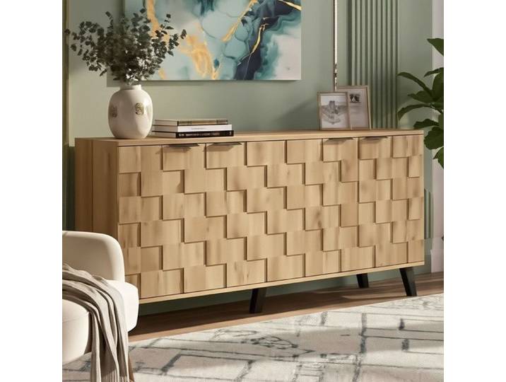 Buffet Sideboard 160.5x35.5x78cm - 4 Portes à Texture Géométrique - Rayonnages Ajustables - Style Moderne Chic - Couleur chêne
