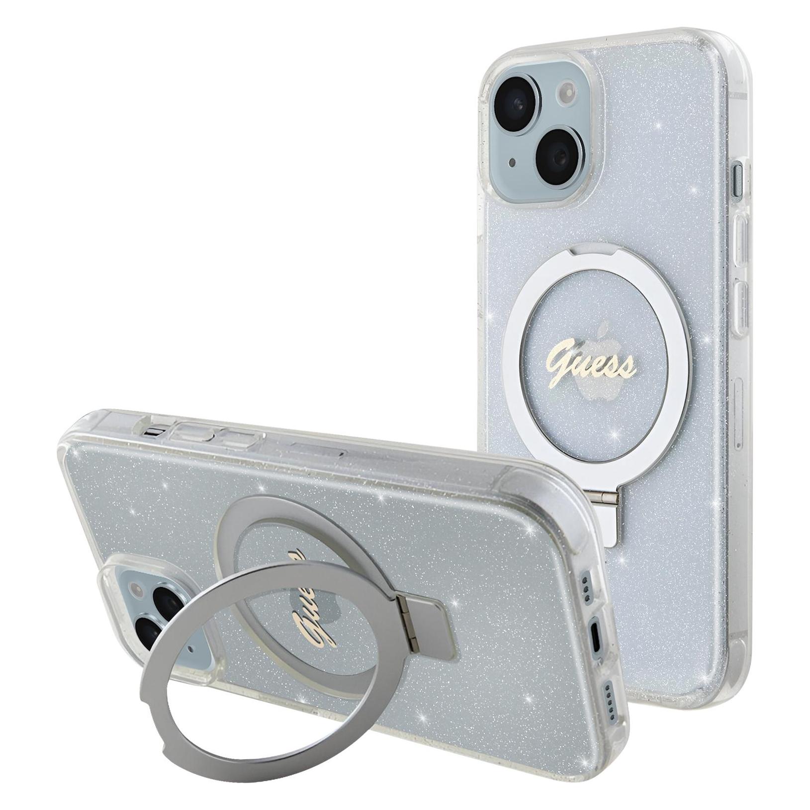 Guess GUHMP15MHRSGSD iPhone 15 Plus 6.7" przezroczysty/transparent hardcase Ring Stand Script Glitte (Apple iPhone 15 Plus) (GUHMP15MHRSGSD)