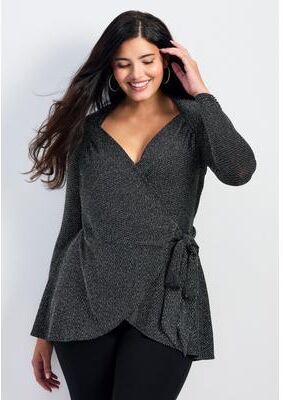 Plus Size Women's Glamour Sparkle Wrap Top by Avenue in Black (Size 30/32)