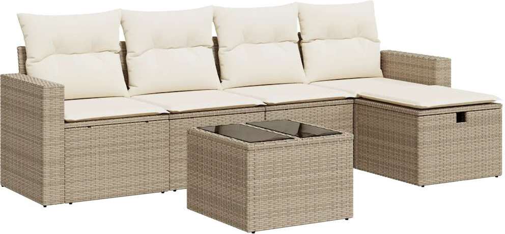 6-tlg. Garten-Lounge-Set, modular mit Stauraum, wasserfestem Beutel & Kissen, Poly Rattan Beige, UV-beständig, für Terrasse & Balkon