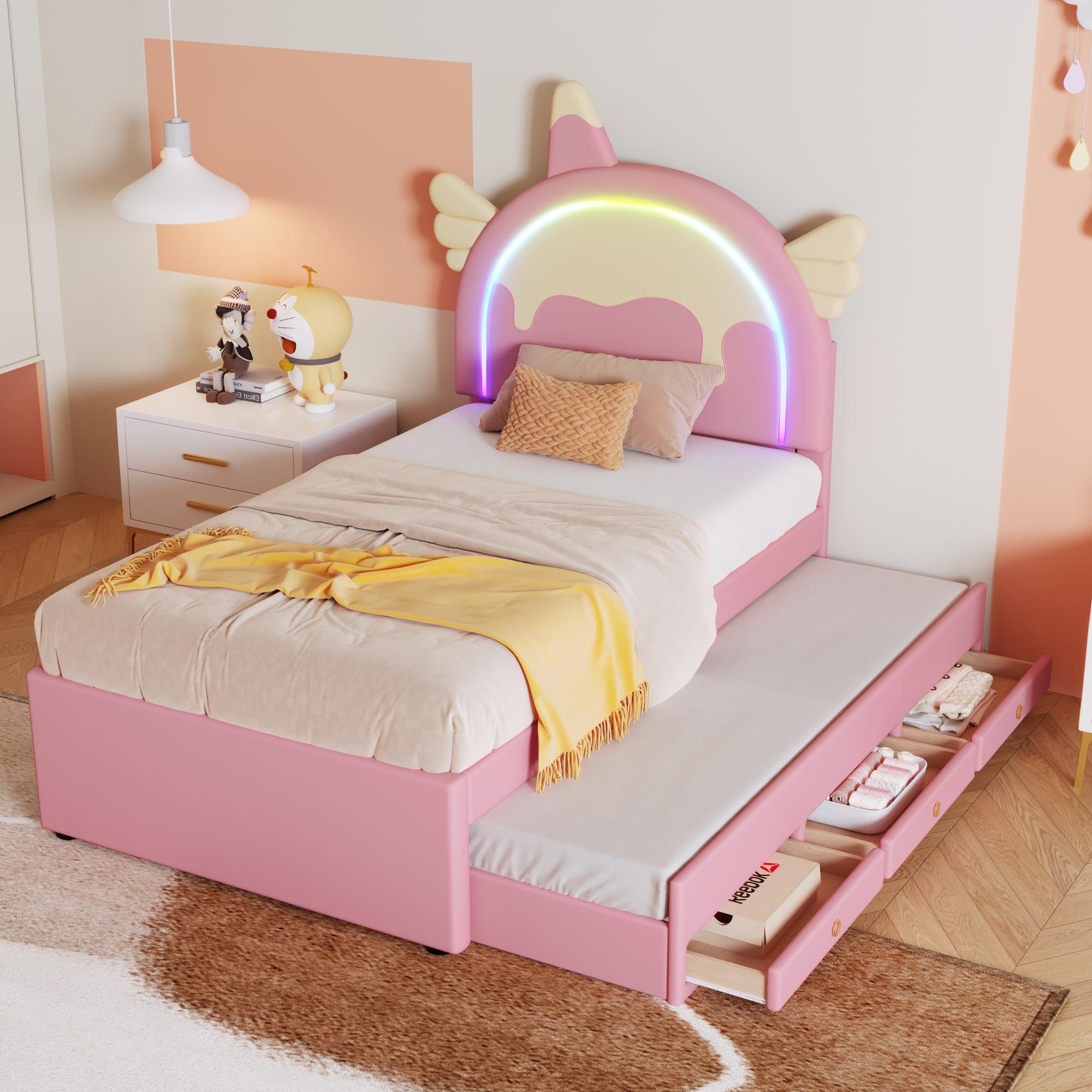 Kinderbett mit Cartoon-Motiv, 90 x 200 cm, Einhornform, mit Ausziehbett, aus PolyurethanMaterial, rosa