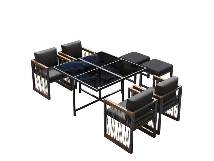 Flieks Gartenmöbelset 7tlg 6 Personen Glastisch Kunststoff Holz, Mehrfarbig, Metall, Gartenmöbel, Gartengarnituren, Gartenmöbel-Sets
