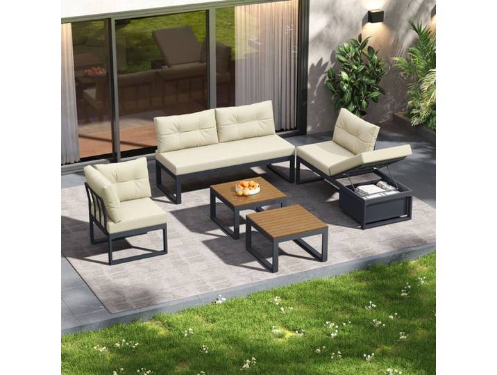 Ensemble mobilier de jardin polyvalent dossier réglable sur 3 positions Salon de Jardin en polyester résistant aux intempéries Beige