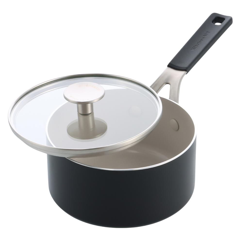 KitchenAid - Coloured Aluminum Saucepan with Lid - Matte Black - 16 cm (Kochtopf, Stielkasserolle, Aluminium) (CC009728-001)
