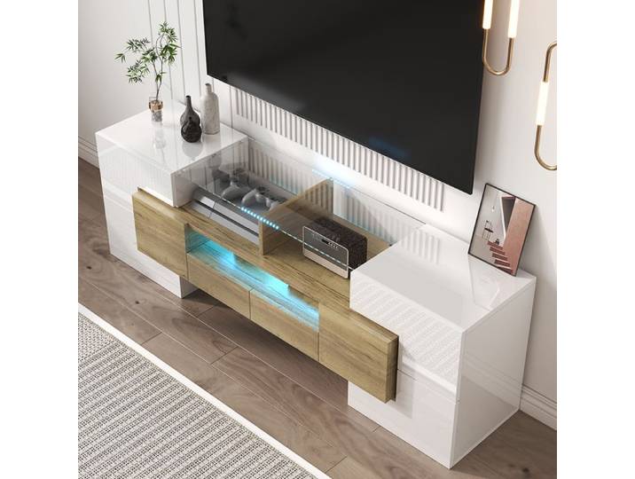 Meuble TV meuble bas brillant éclairage LED - SWEIKO - Blanc 145 cm
