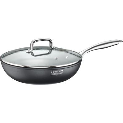 Wok PINTINOX "ST1", grau (schwarz, edelstahlfarben), H:7,3cm Ø:28cm, Pfannen, Wok, 3-lagige Antihaftbeschichtung, inkl. Glasdeckel, Ø 28 cm, Induktion
