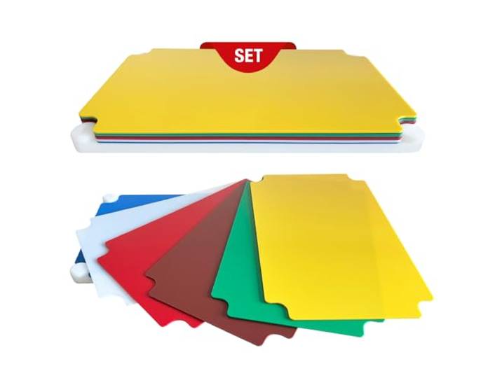 Schneider Schneidebrett Set 6 Stück HDPE farbcodiert mit Halter rutschfest Farbcodierte Schneideunterlagen für Küche und Gastronomie, rutschfest, messerschonend, spülmaschinenfest, Profi Küchenzubehör