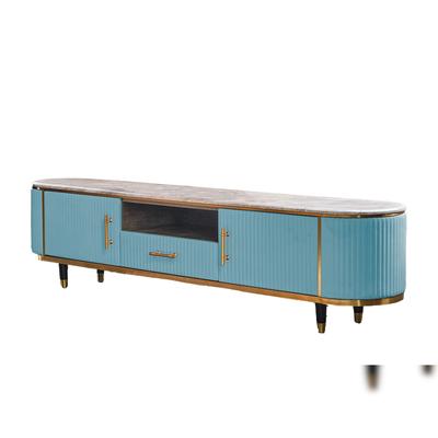 KAWOLA Lowboard MARIA TV-Bank Marmorplatte Kunstleder hellblau